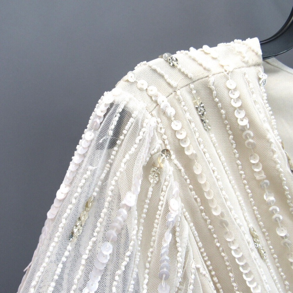 NWT Adrianna Papell White Beaded Sequins Embellished Dress Sheer Sleeves V-Neck - Picture 13 of 16